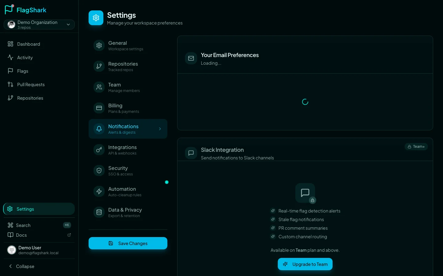 Email notification preferences for feature flag alerts and weekly summary reports