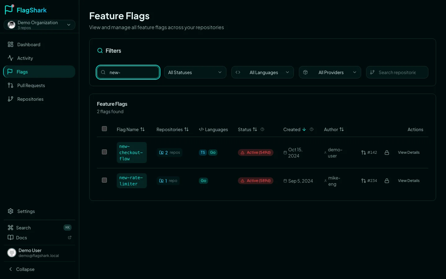 Searching for feature flags across a codebase with results showing file locations and usage count